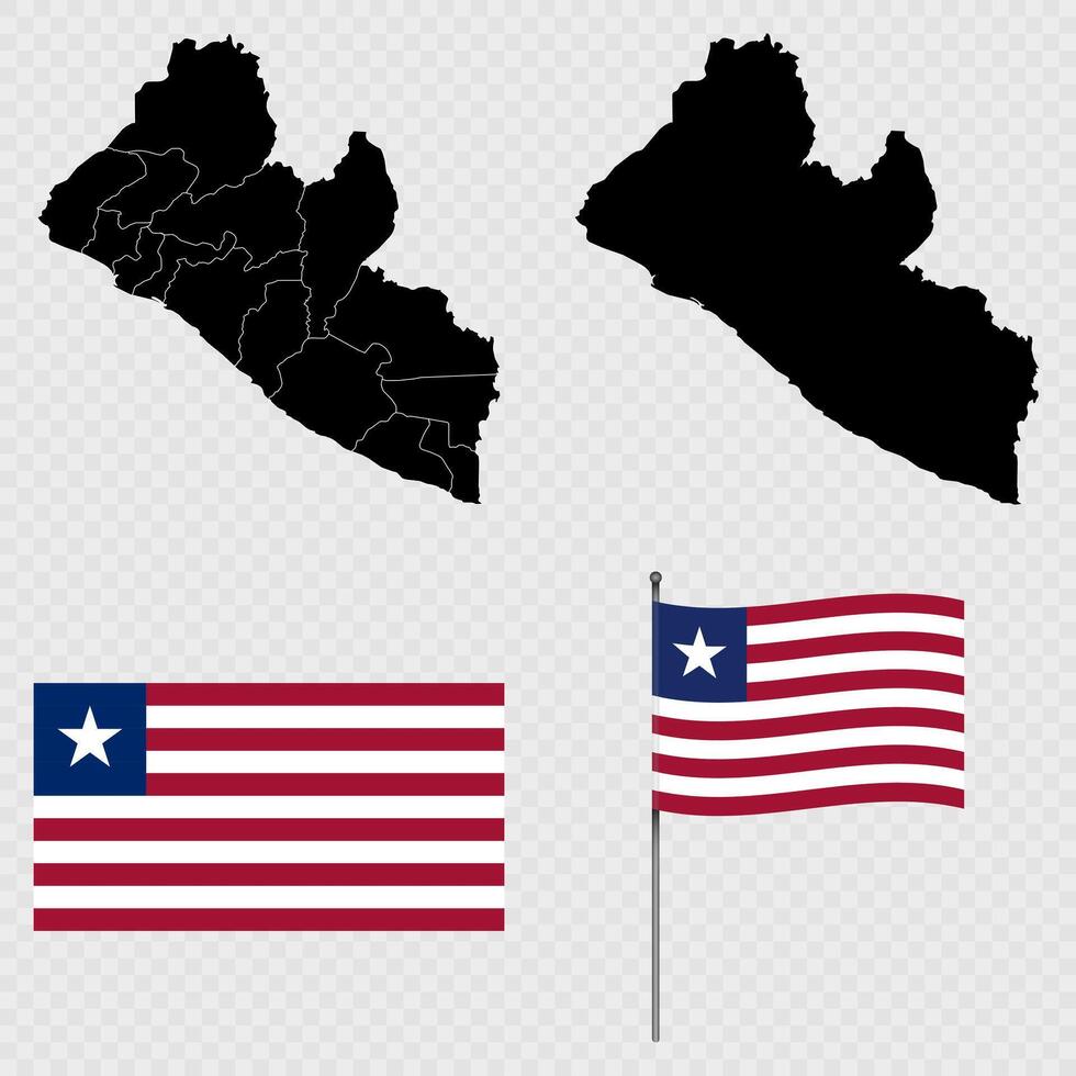 Set of maps, flag and flagpole of Liberia. illustration. vector
