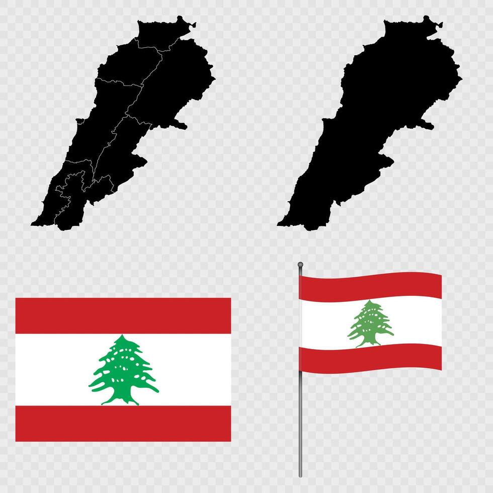 Set of maps, flag and flagpole of Lebanon. illustration. vector