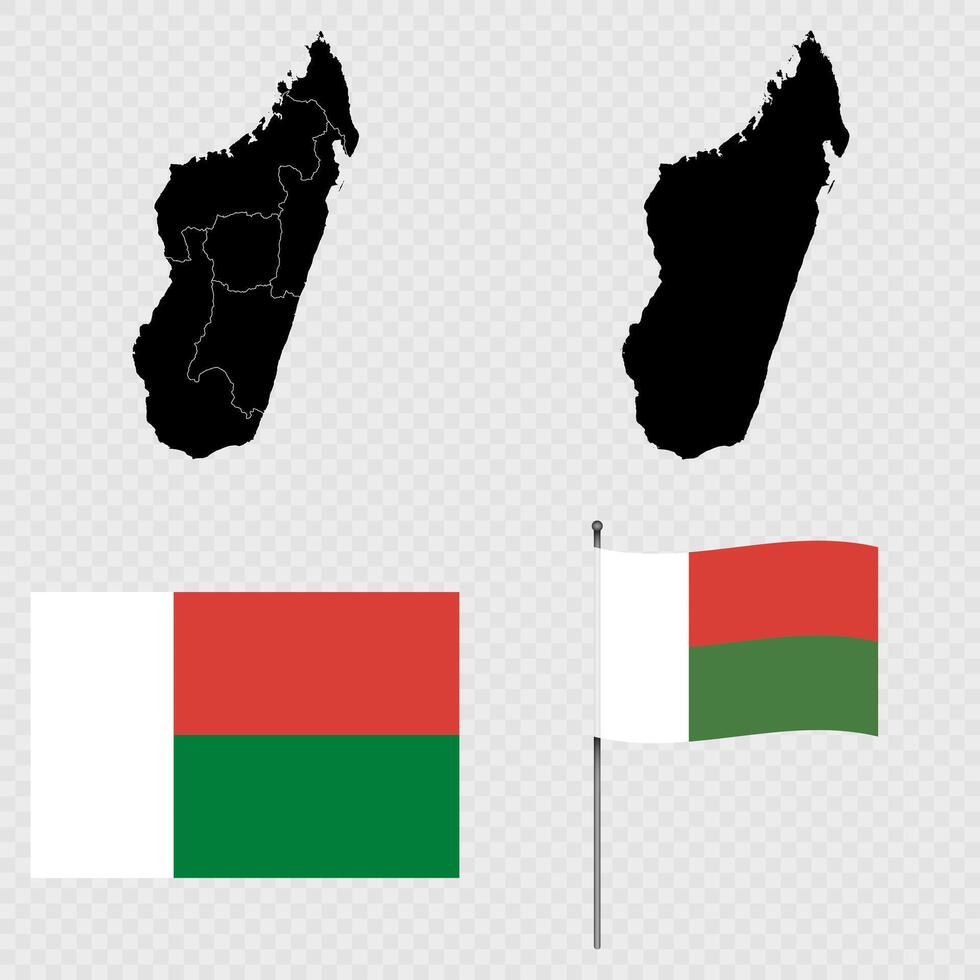 Set of maps, flag and flagpole of Madagascar. illustration. vector