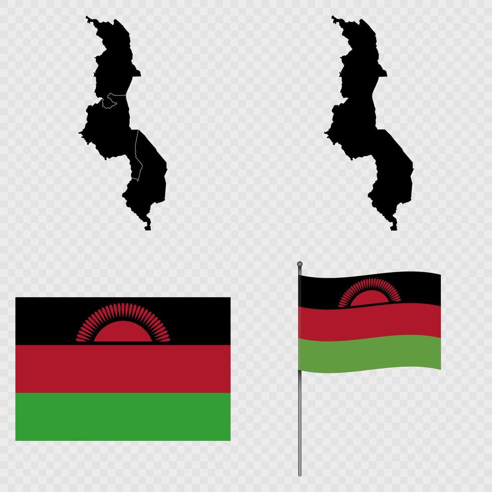 Set of maps, flag and flagpole of Malawi. illustration. vector