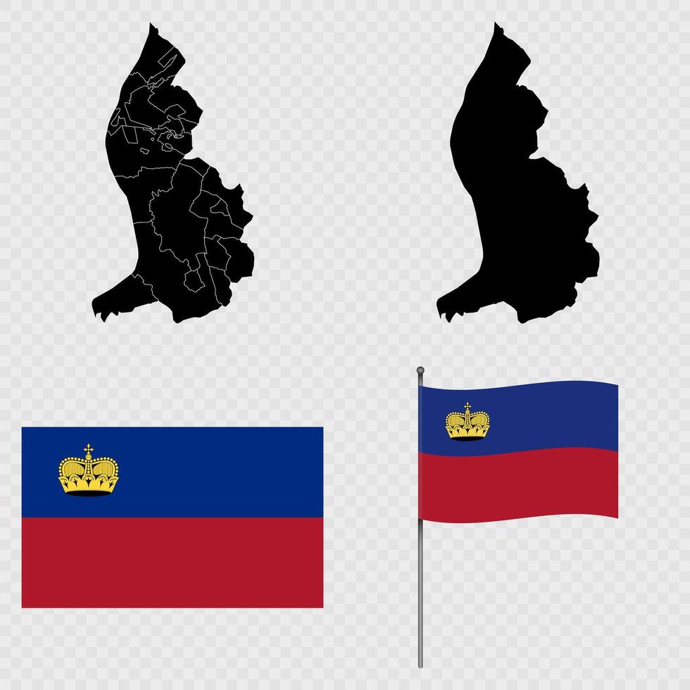 Set of maps, flag and flagpole of Liechtenstein. illustration. vector