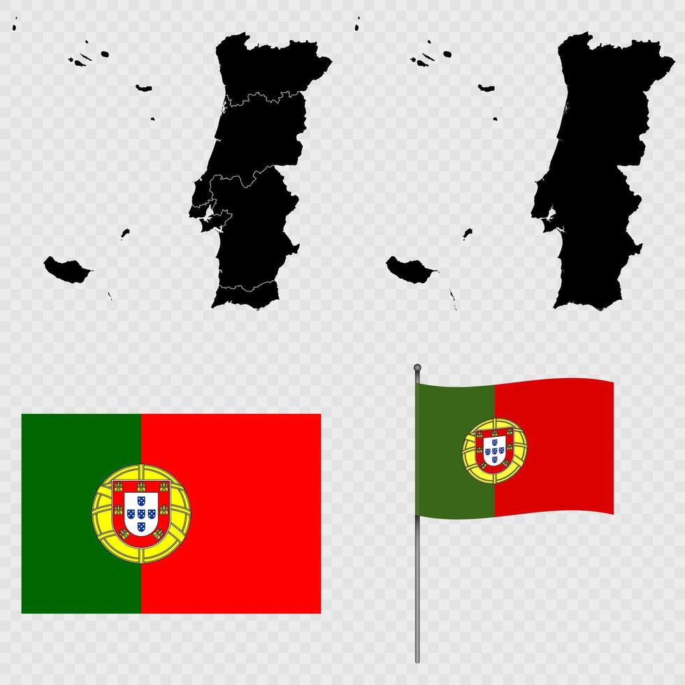 Set of maps, flag and flagpole of Portugal. illustration. vector