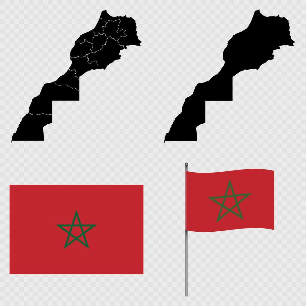 Set of maps, flag and flagpole of Morocco. illustration. vector