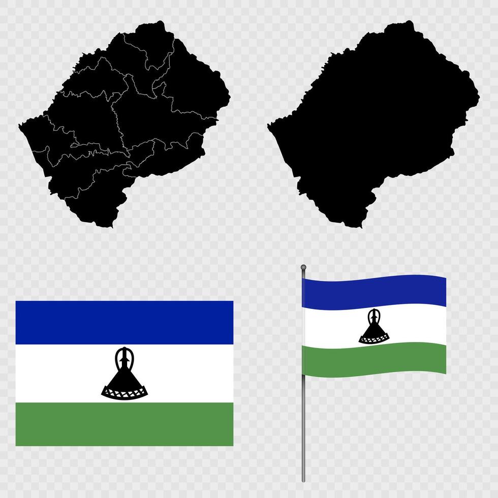 Set of maps, flag and flagpole of Lesotho. illustration. vector