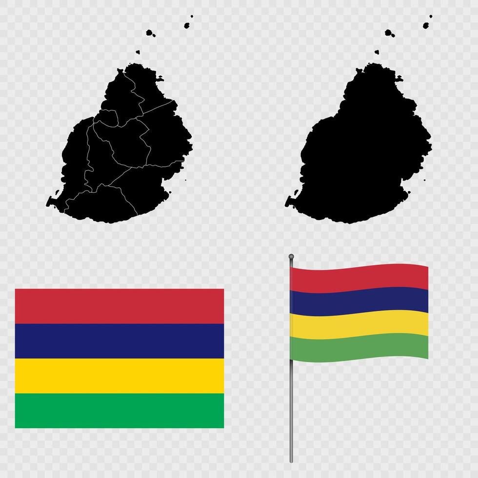 Set of maps, flag and flagpole of Mauritius. illustration. vector