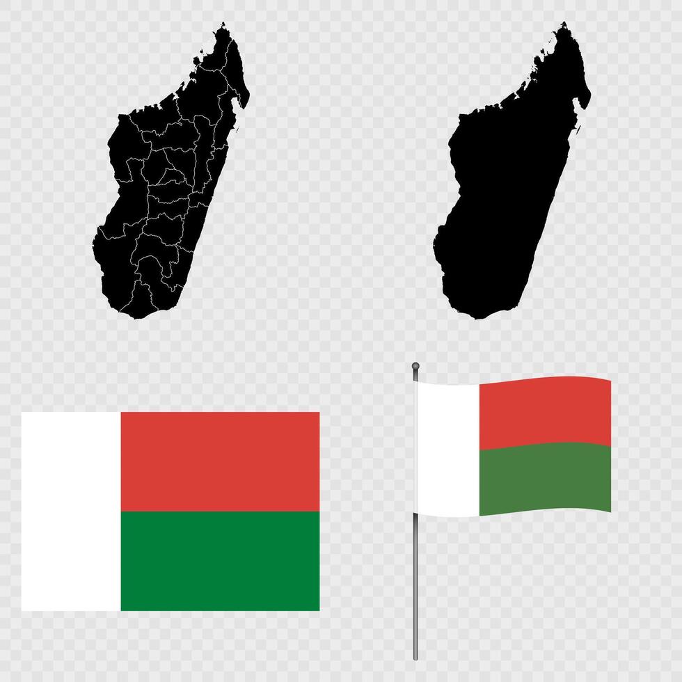 Set of maps, flag and flagpole of Madagascar. illustration. vector