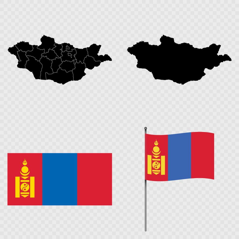 Set of maps, flag and flagpole of Mongolia. illustration. vector