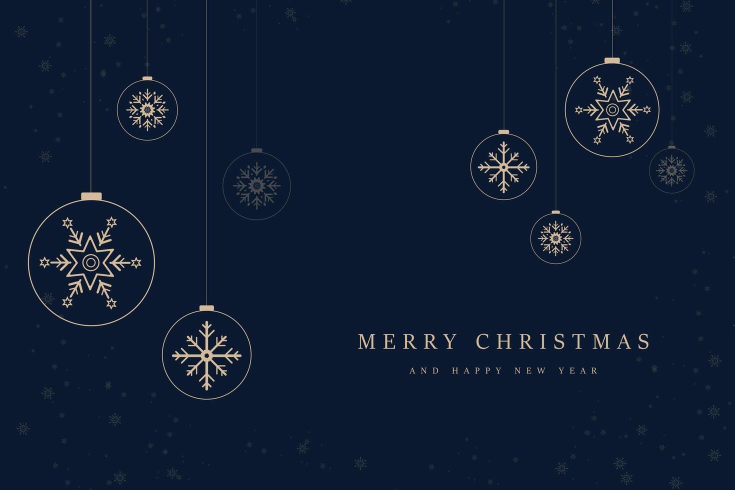 Merry Christmas and Happy New Year concept of post card, Luxury Christmas greeting card, gold Christmas ball and golden snow flakes on dark blue background vector