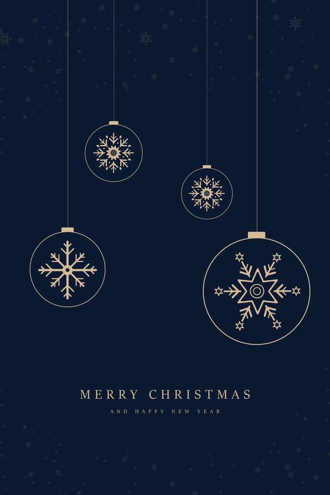 Luxury Christmas greeting card, gold Christmas ball and golden snow flakes on dark blue background. Premium Christmas ball hanging down with small snow flakes, . vector