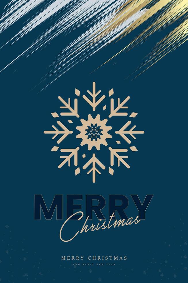 Premium Merry Christmas post card, Gold snow flake element, gold and white brush with snow flakes on dark blue background, illustration vector