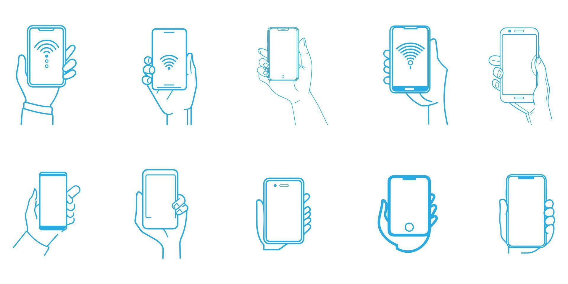 Hand Holding Smart Phone . Black hand holding smart phone icon set on white background. illustration vector