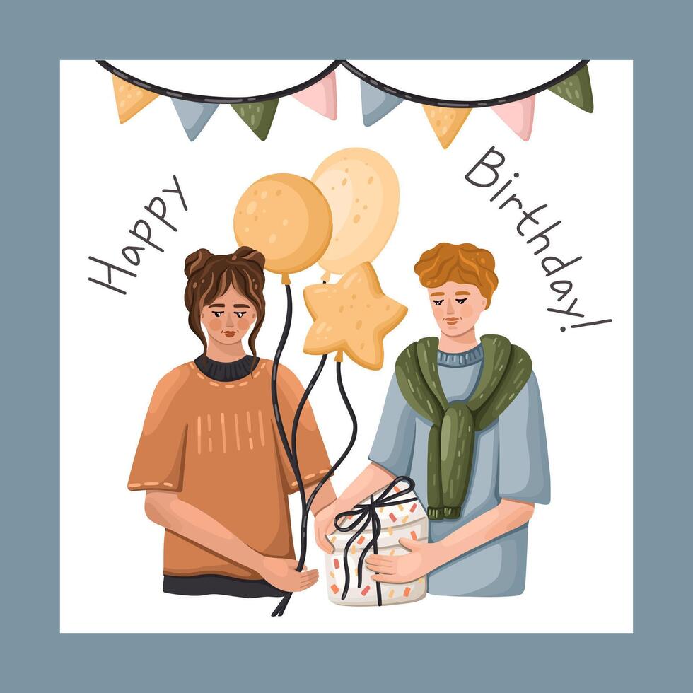 Greeting Card with a Girl Giving Gift to Boy for Birthday Celebration. Hand-drawn . vector