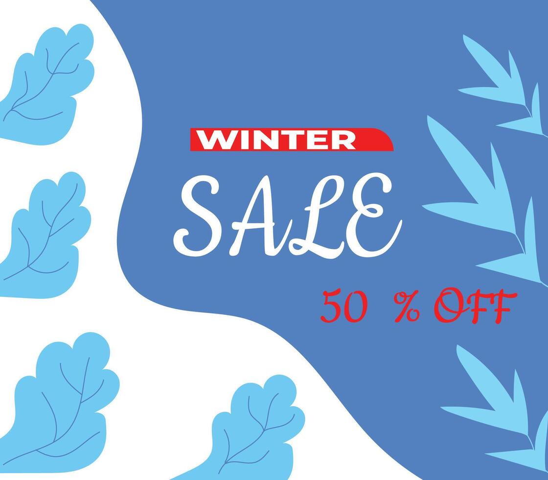 Winter sale background banner with cool blue white wavy leaf tree decoration and abstract elements, for sales and shopping promotion, perfect for social media promotion and banner needs in winter. vector