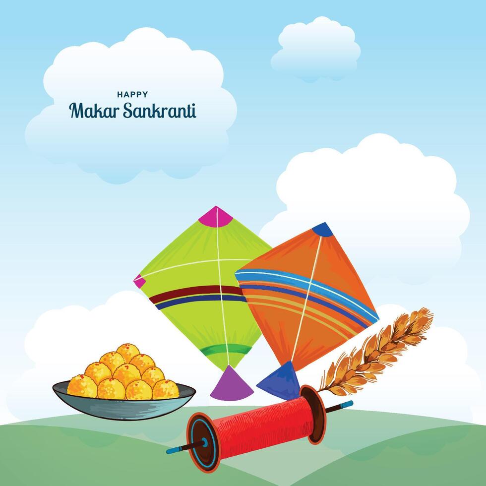 Happy makar sankranti festival background decorated with kites design vector