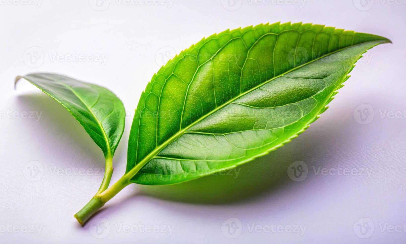 Bright green fresh tea leaf on a light background photo