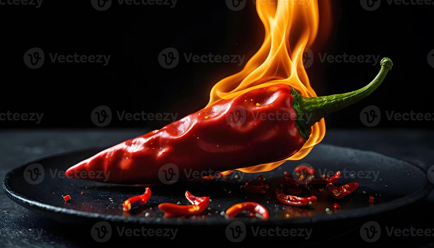 Fiery Red Chili Pepper on Black Plate photo