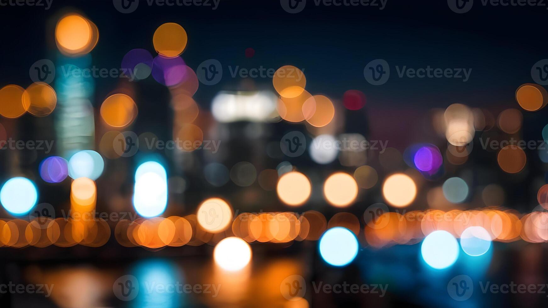 Abstract night bokeh lights in a big city, creating a blurred and dreamy urban background. photo