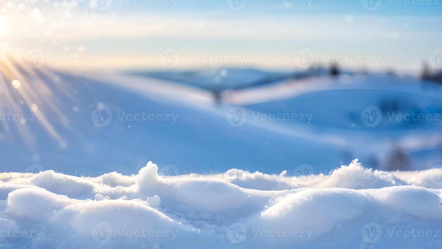 Snowy winter background with soft snow drifts and floating snowflakes, featuring a blue sky and bokeh circles, ideal for creating festive banners with text space. photo