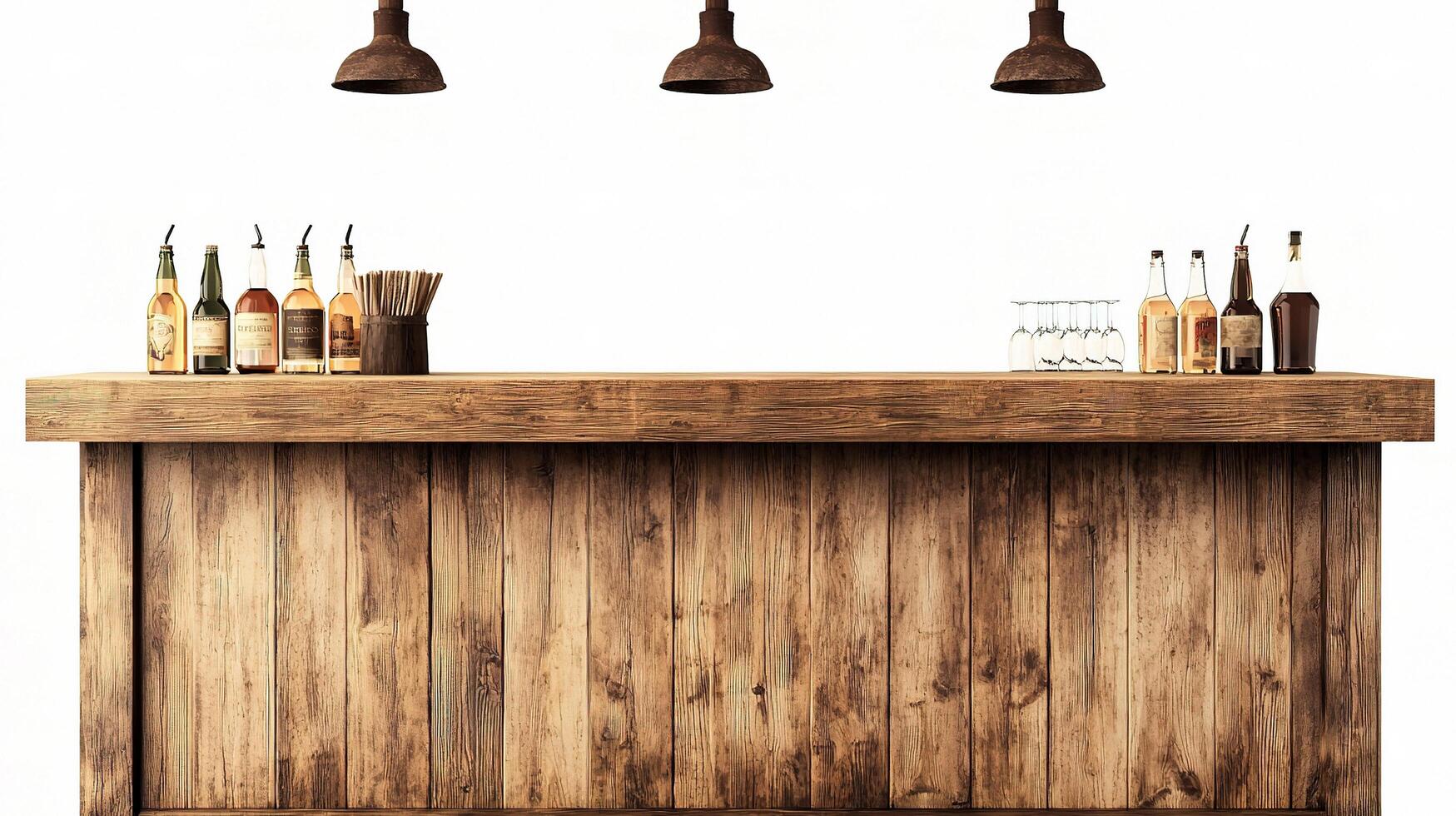 Isolated Wooden Bar with Bottles and Accessories on White Background photo