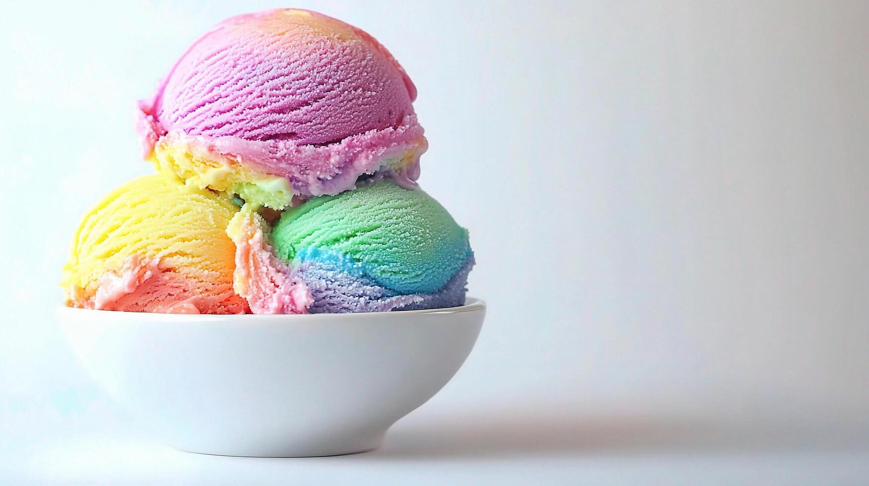 Colorful Rainbow Ice Cream Stacked in a White Bowl Isolated photo