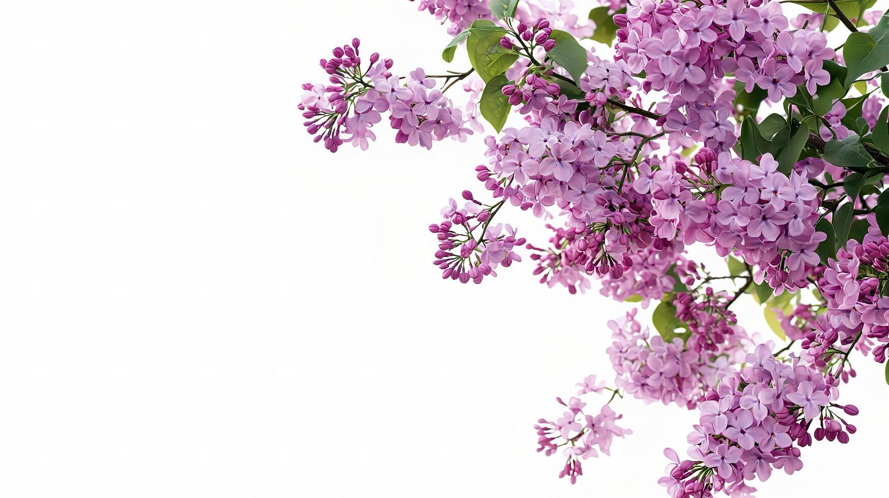 A branch of purple flowers is shown against a white background photo