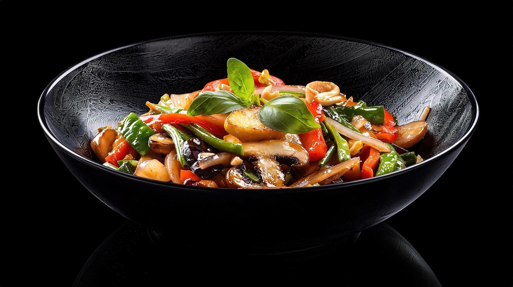 Colorful Thai Stir Fried Vegetables with Fresh Herbs in Bowl photo