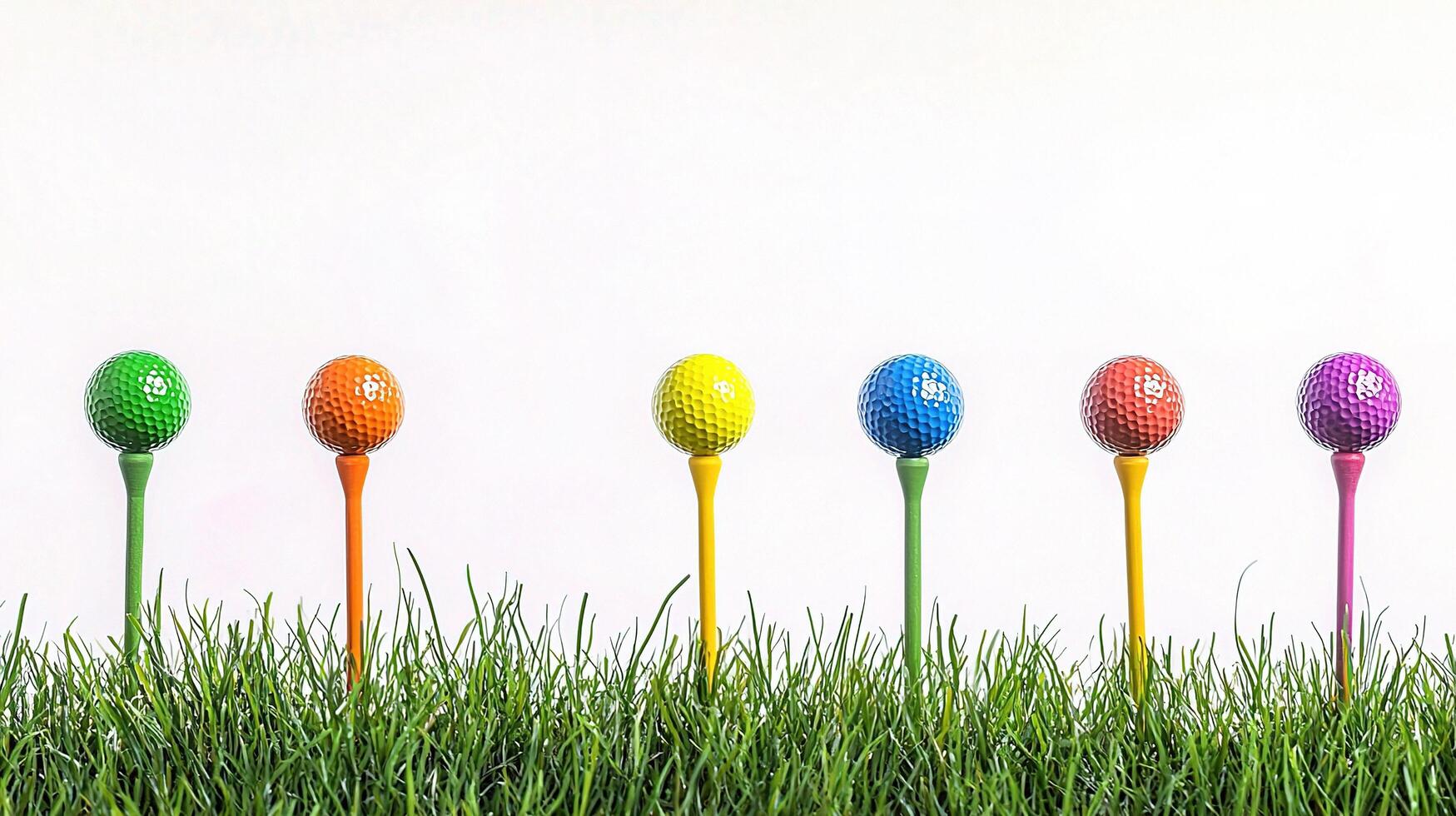 A row of colorful golf balls in the grass photo