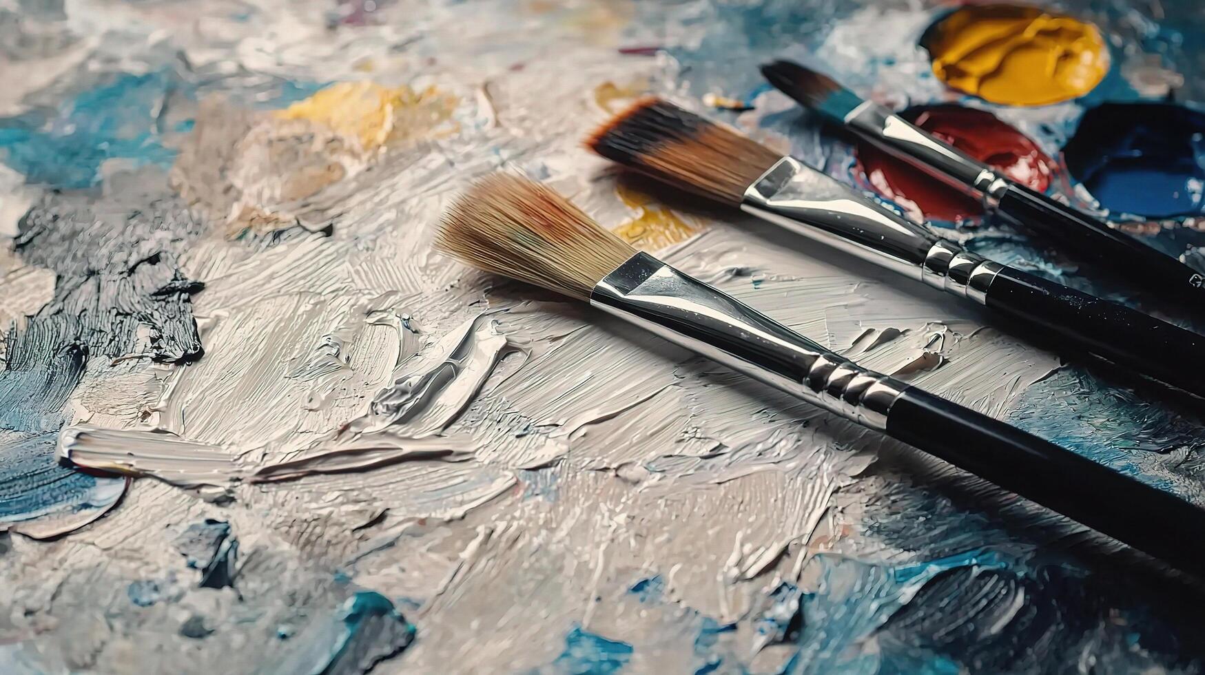 Artistic Tools with Palette and Brushes on Colorful Background photo
