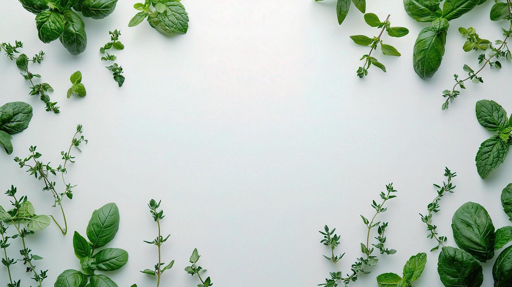 Fresh Basil, Mint, and Thyme Herbs Isolated on White Background photo