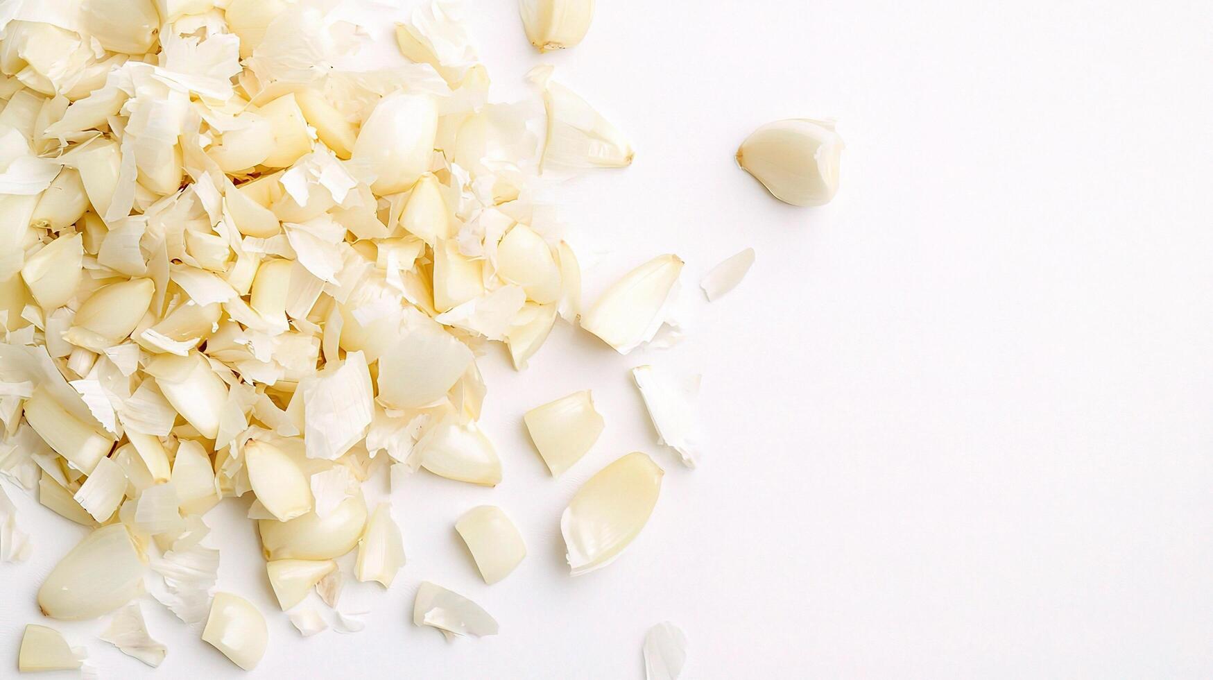 Chopped Garlic Cloves on White Background for Culinary Use photo