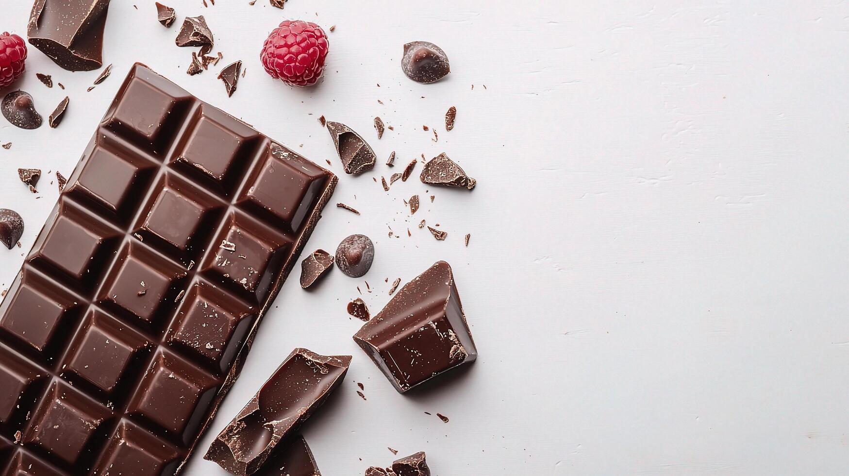 Delicious Dark Chocolate Bar with Raspberries and Chocolate Chips photo