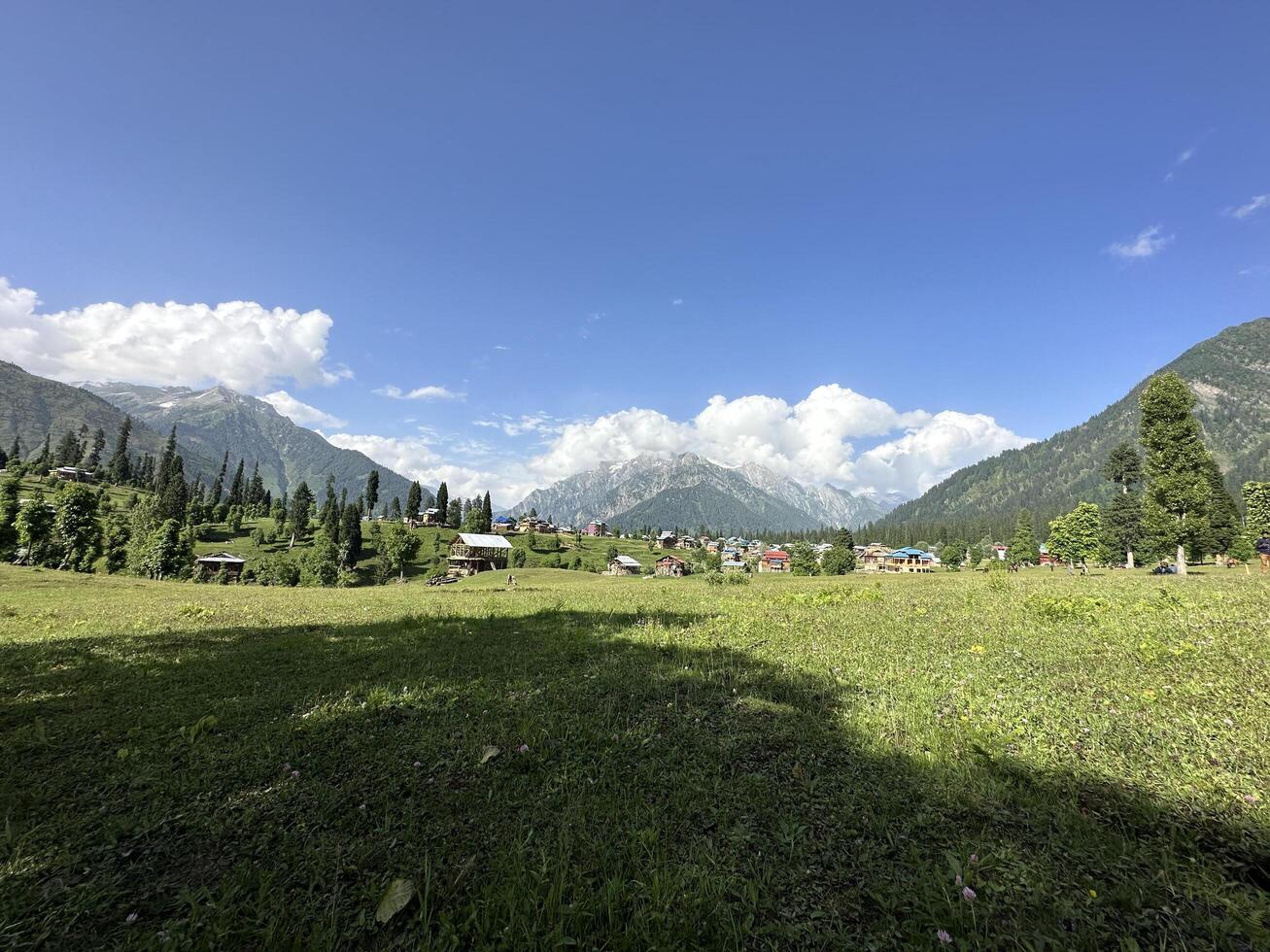A grassy field with mountains in the background photo