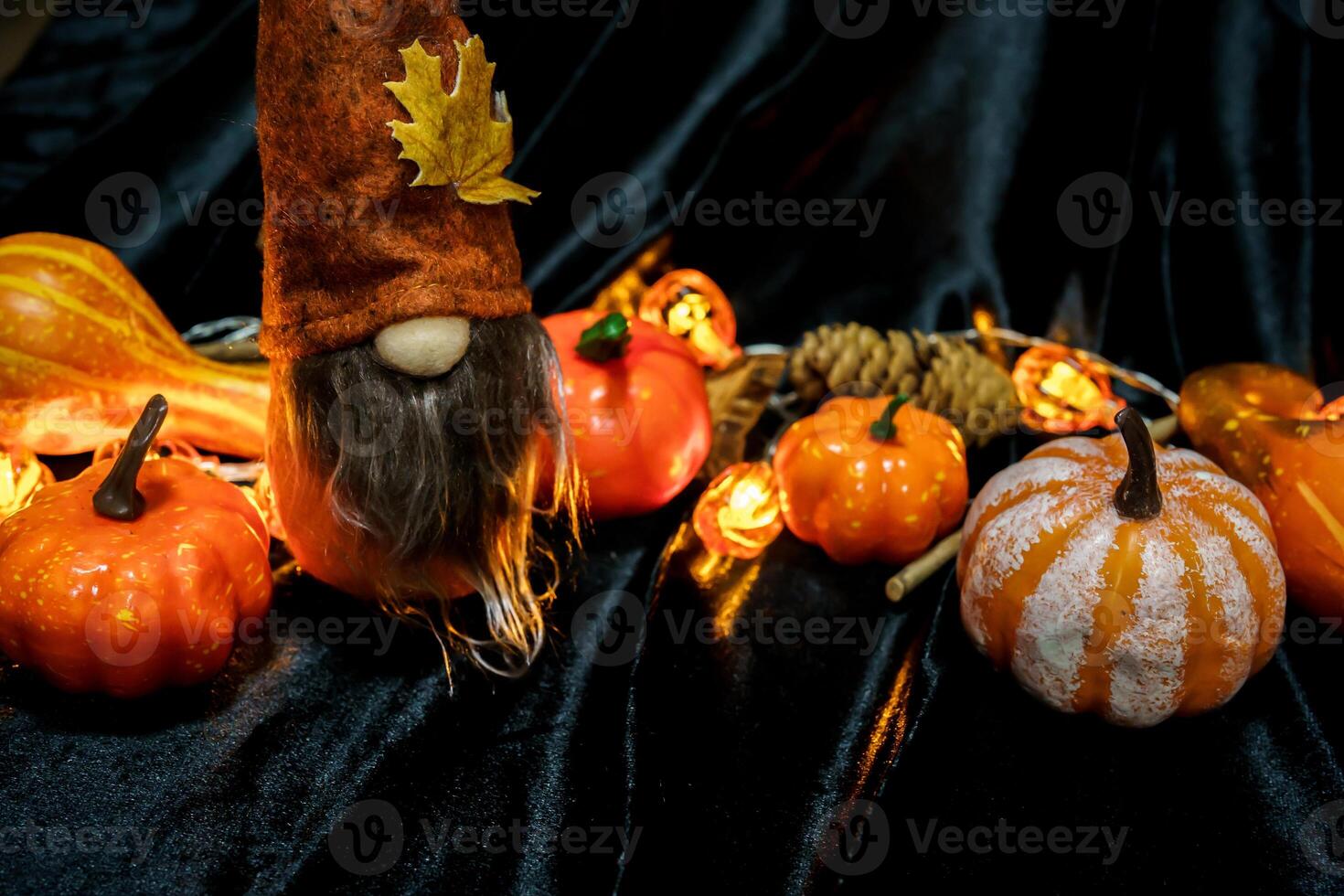 Halloween decorations background. Halloween Scary pumpkin head on wooden table Halloween holiday concept photo