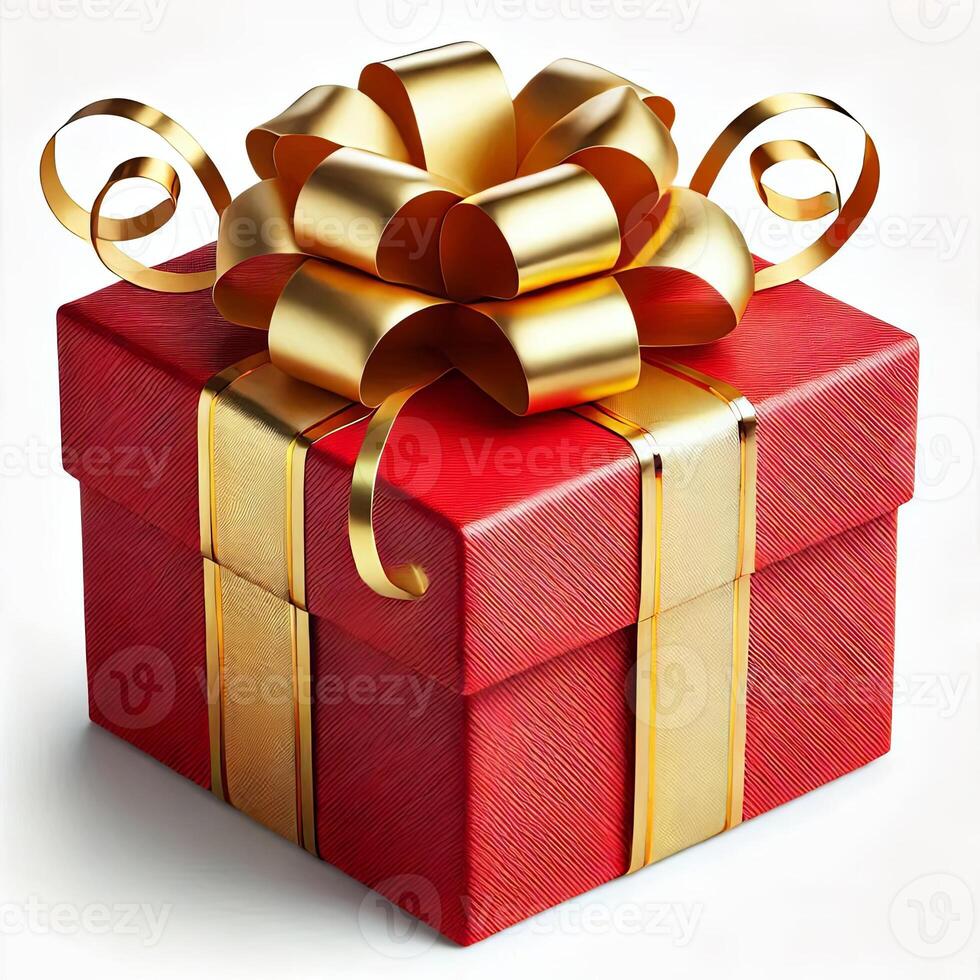 A gift box wrapped in red paper with a gold ribbon, displayed on a white background photo