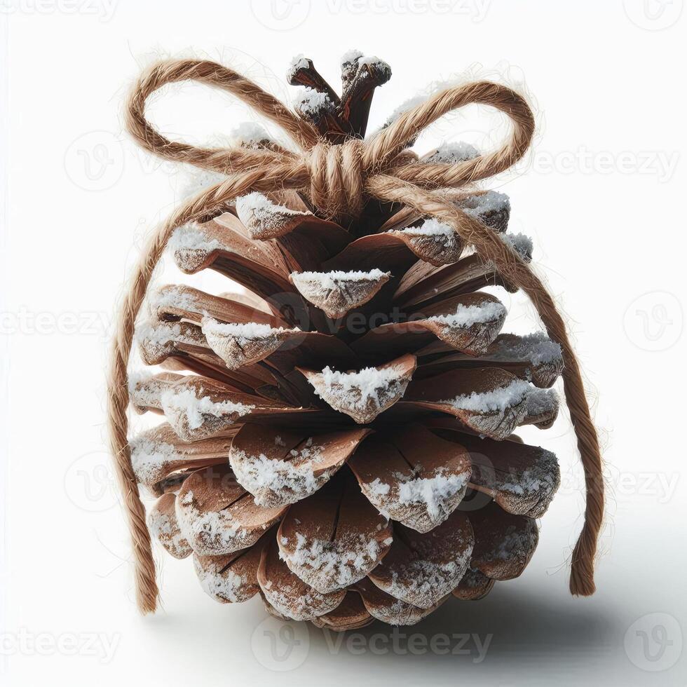 A rustic pinecone ornament with twine bow and snow frosting, isolated on white photo