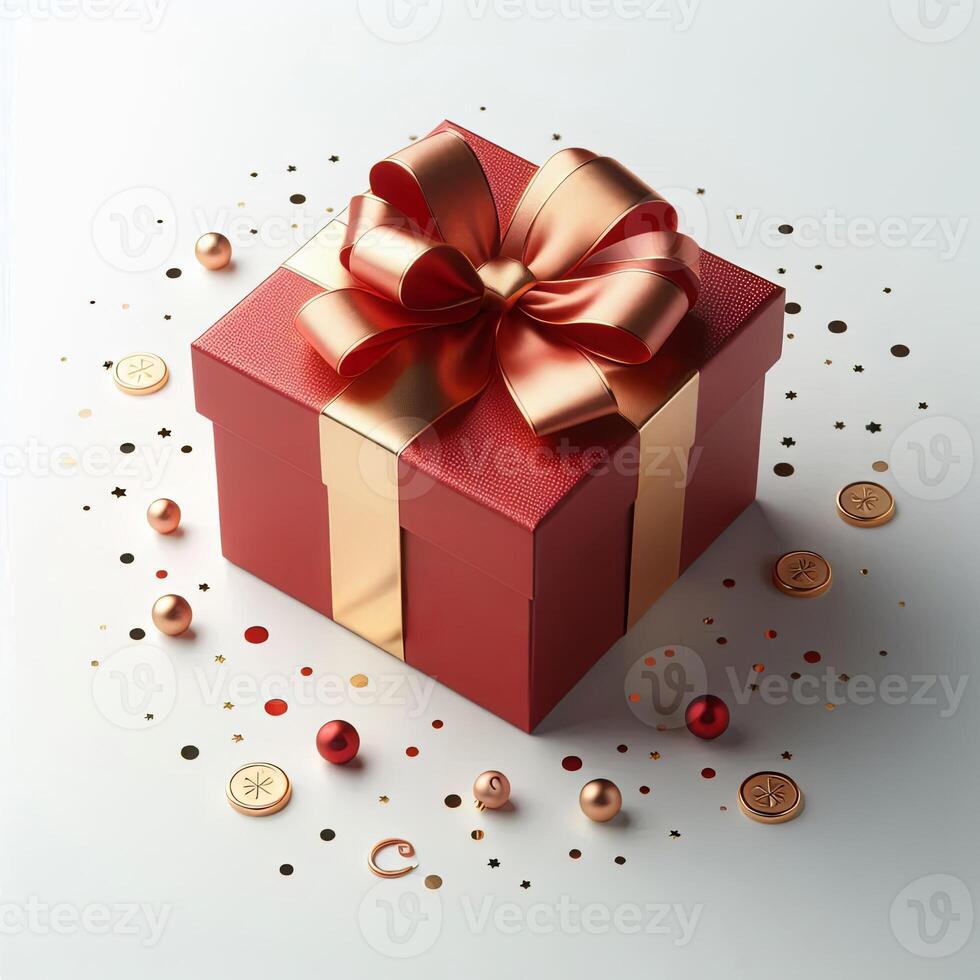 A gift box wrapped in red paper with a gold ribbon, displayed on a white background photo