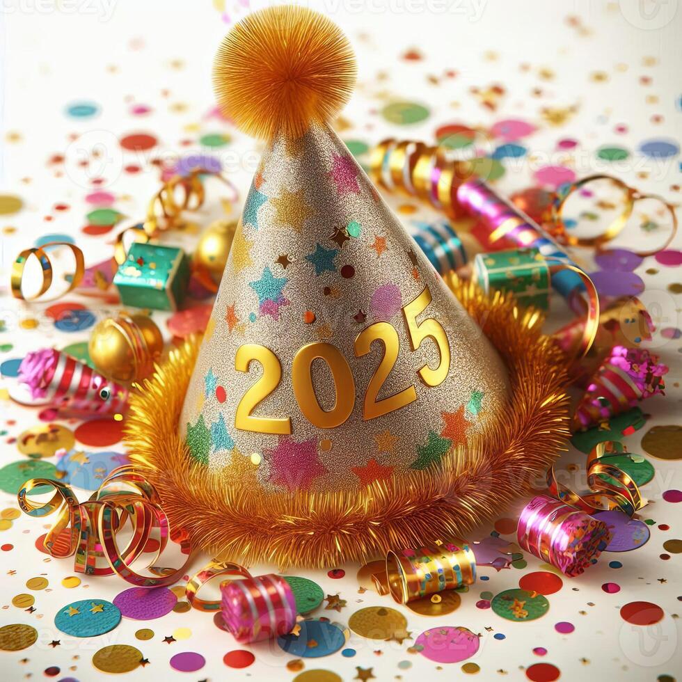 A festive party hat with '2025' in gold and colorful confetti, isolated on a white background photo