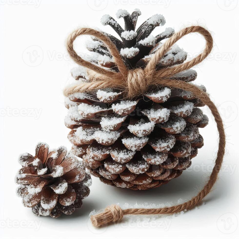 A rustic pinecone ornament with twine bow and snow frosting, isolated on white photo
