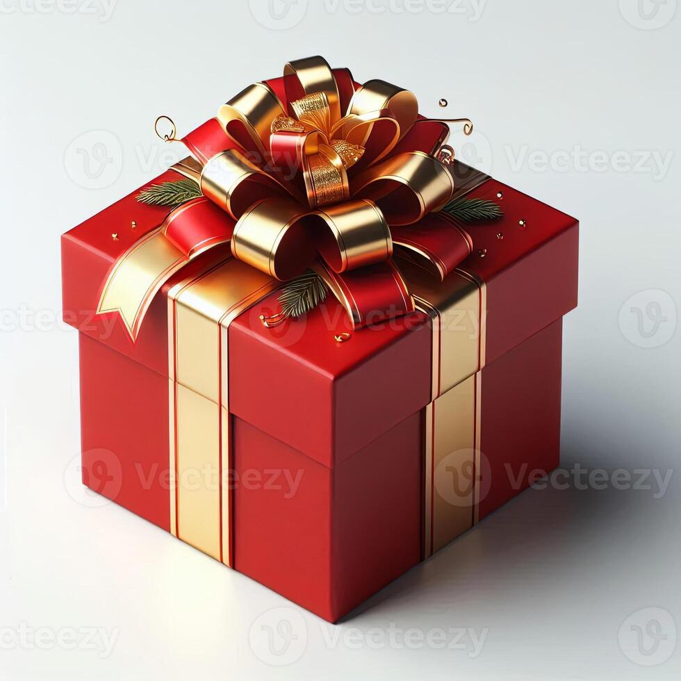 A gift box wrapped in red paper with a gold ribbon, displayed on a white background photo
