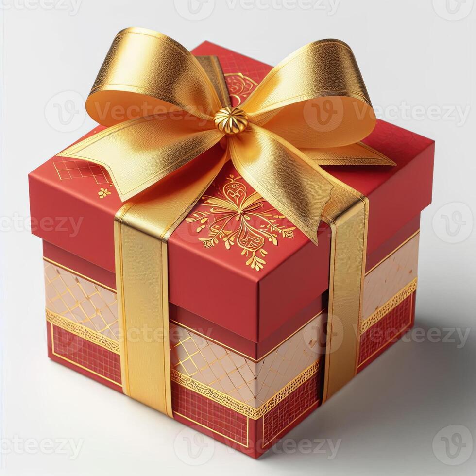 A gift box wrapped in red paper with a gold ribbon, displayed on a white background photo