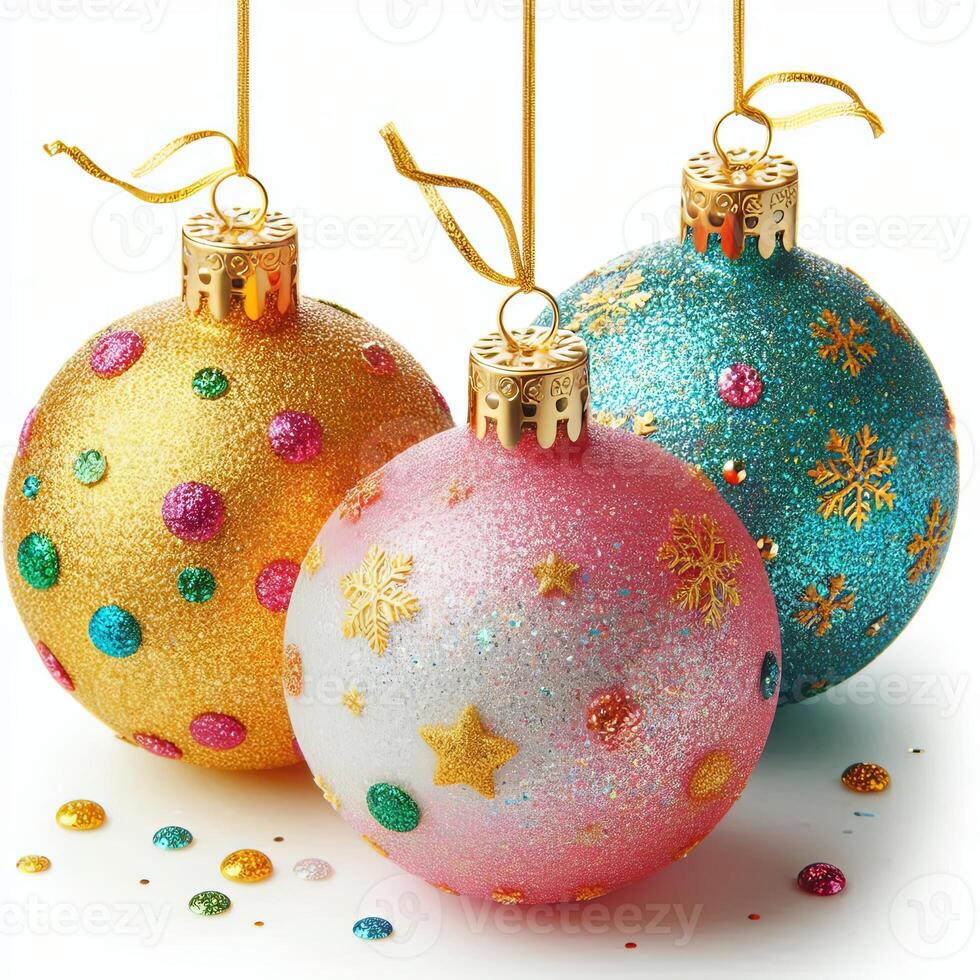 Three colorful Christmas baubles with glitter, isolated on a white background photo
