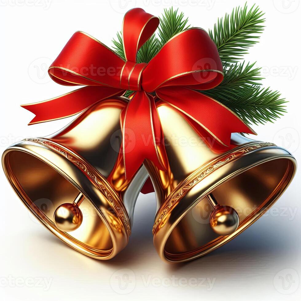 Two shiny golden bells tied with a red ribbon, isolated on a white background photo