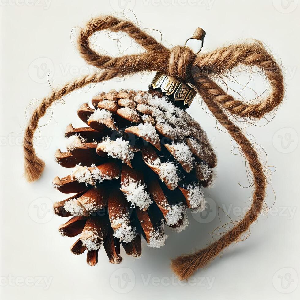 A rustic pinecone ornament with twine bow and snow frosting, isolated on white photo