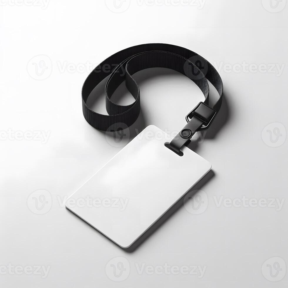 Set of lanyard and badge. Blank badge or ID Card Mockup with Black Lanyard photo