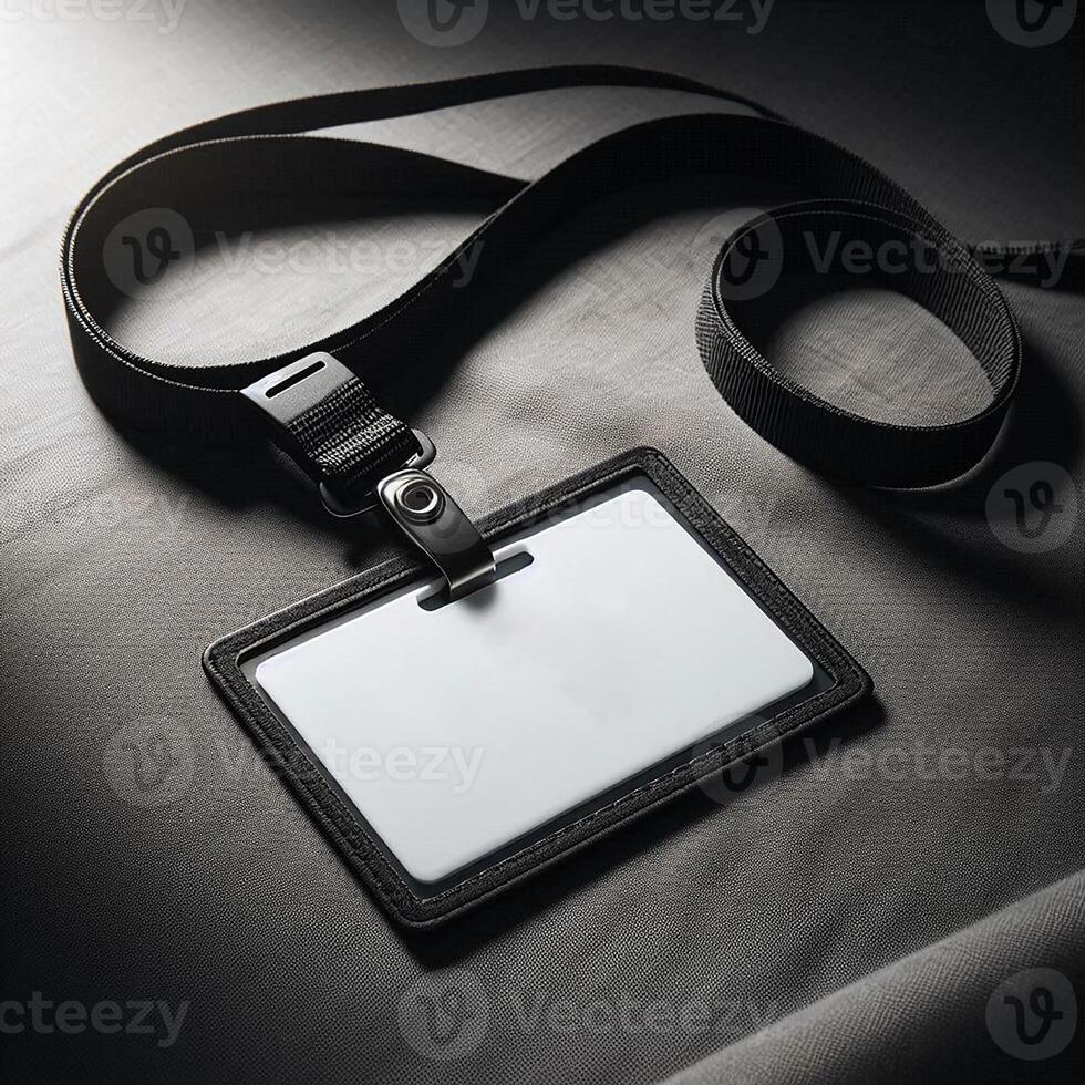 Set of lanyard and badge. Blank badge or ID Card Mockup with Black Lanyard photo