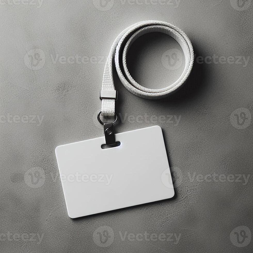 Set of lanyard and badge. Blank badge or ID Card Mockup with white Lanyard photo