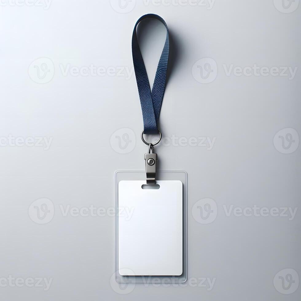 Set of lanyard and badge. Blank badge or ID Card Mockup with navy-blue Lanyard photo