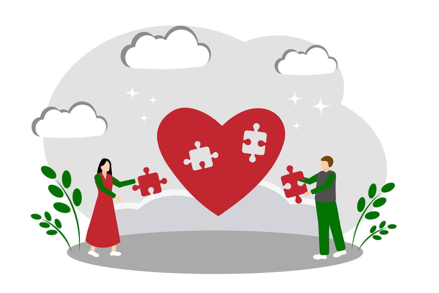Building a romantic relationship. Heart and puzzles. Couple in love vector