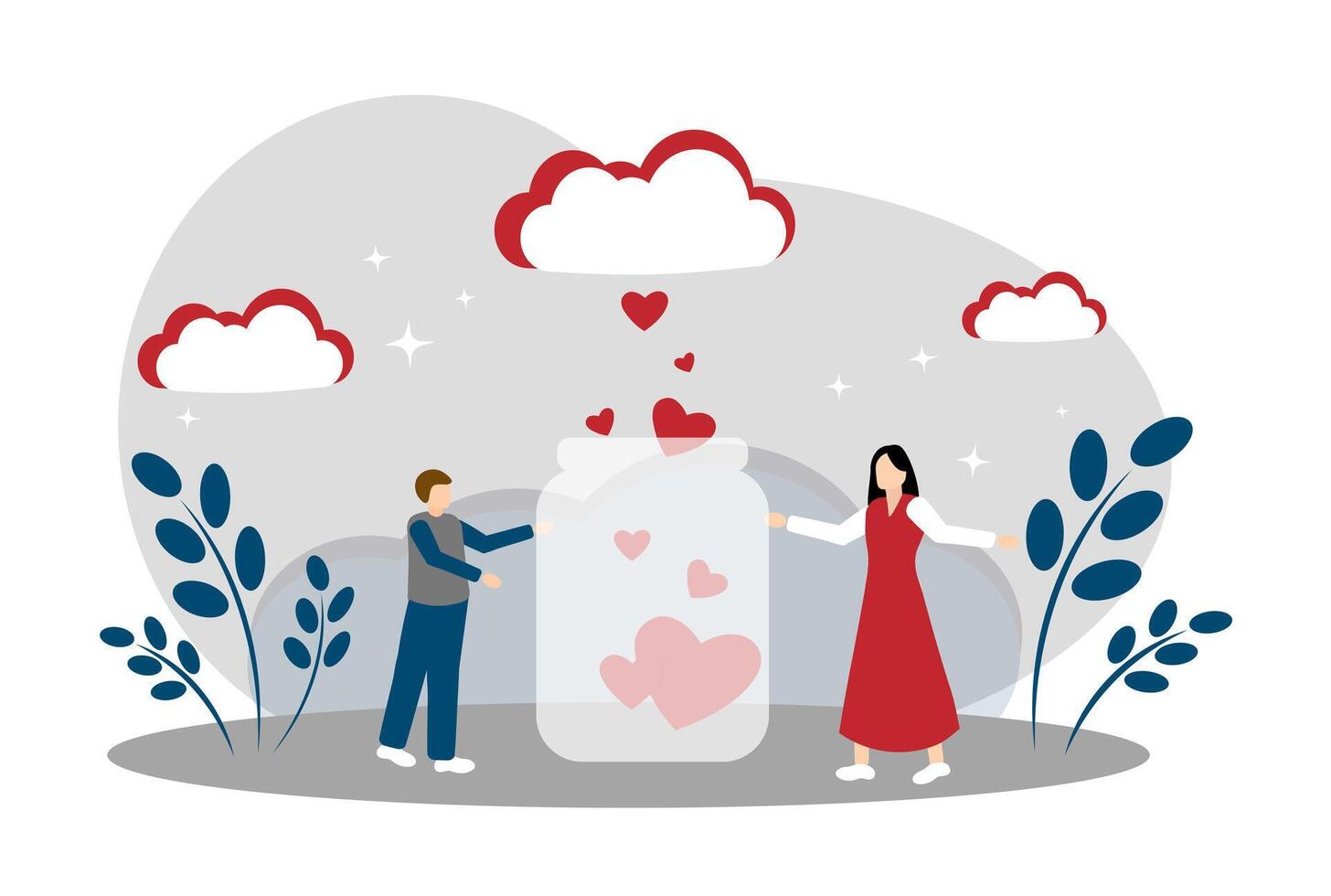 A romantic date. A man and a woman are in love with each other. Jar with hearts vector