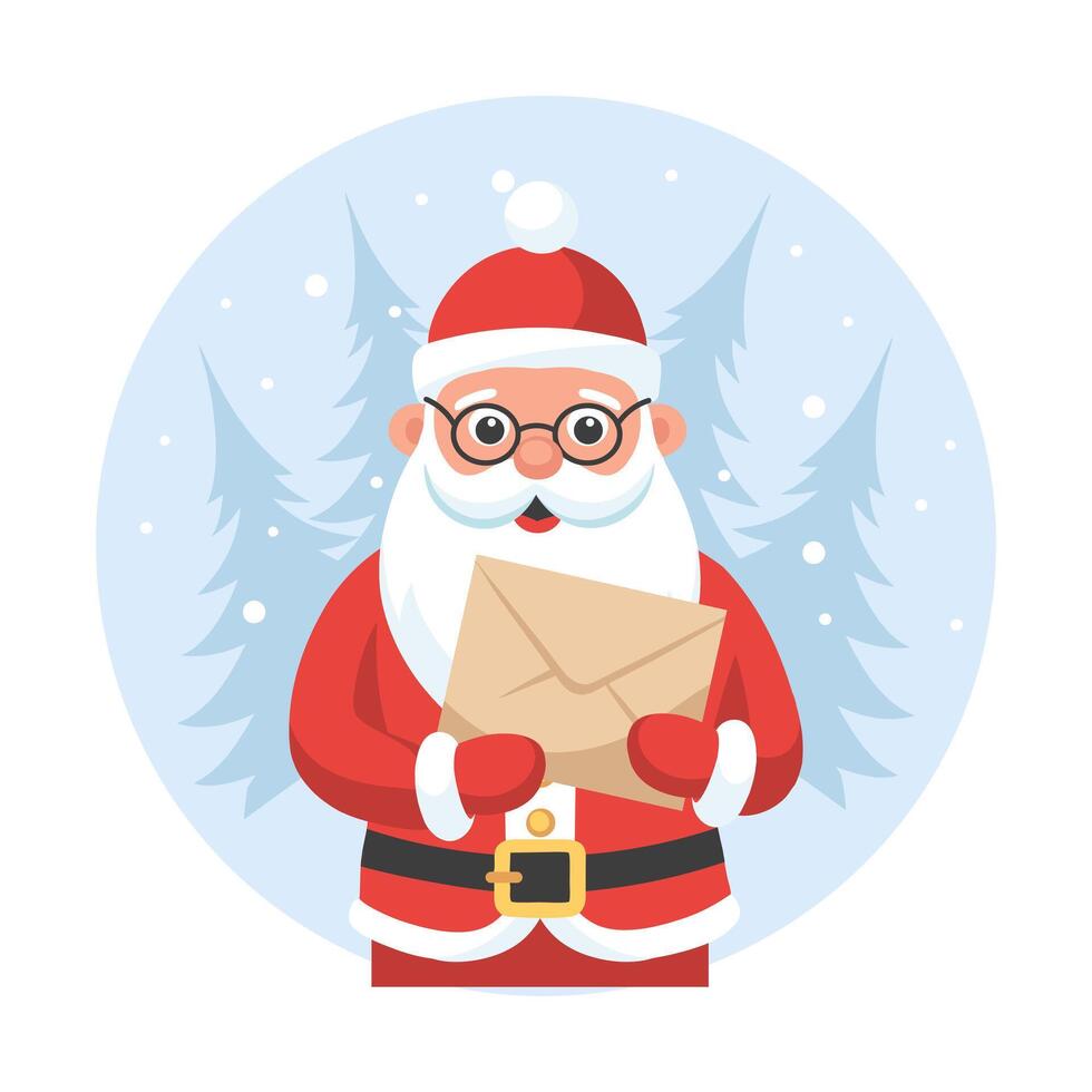 Cute Santa Claus with a letter in his hands on the background of a winter landscape. Christmas illustration in a flat style. vector